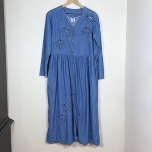 Vintage 90s Womens Denim Maxi Dress L Blue Button Up Pockets Fall Leaf Applique